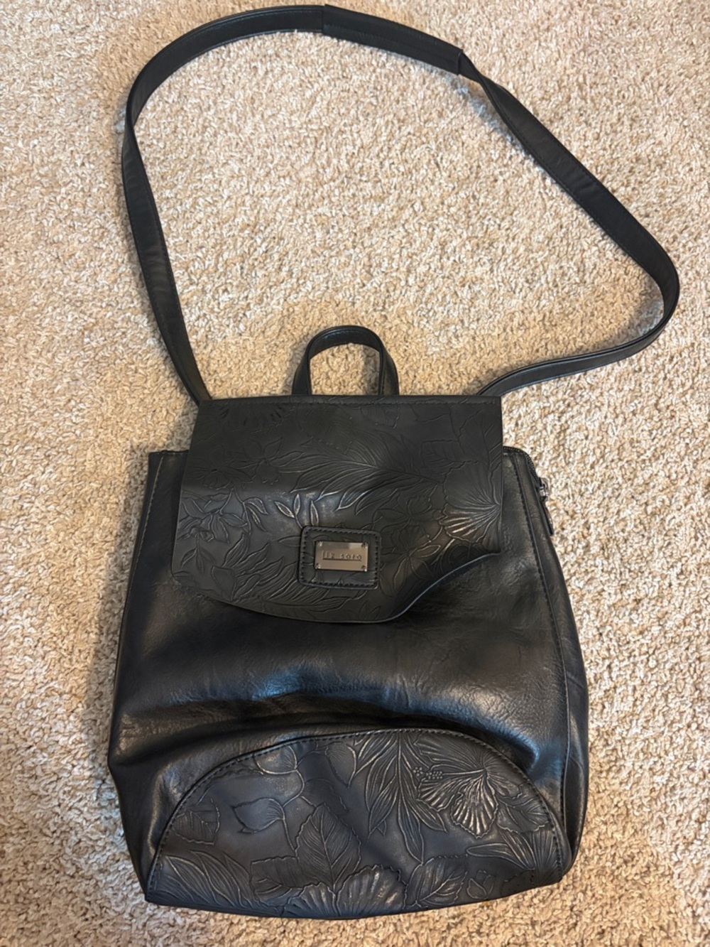 Black Women's Floral-Embossed Crossbody Backpack